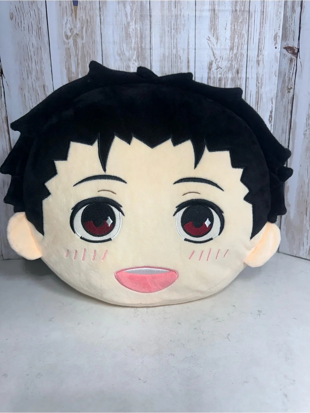 Sleepy MIPI Cute Anime Face Plush Pillow - Black Hair, Cream Face, Pink Accents